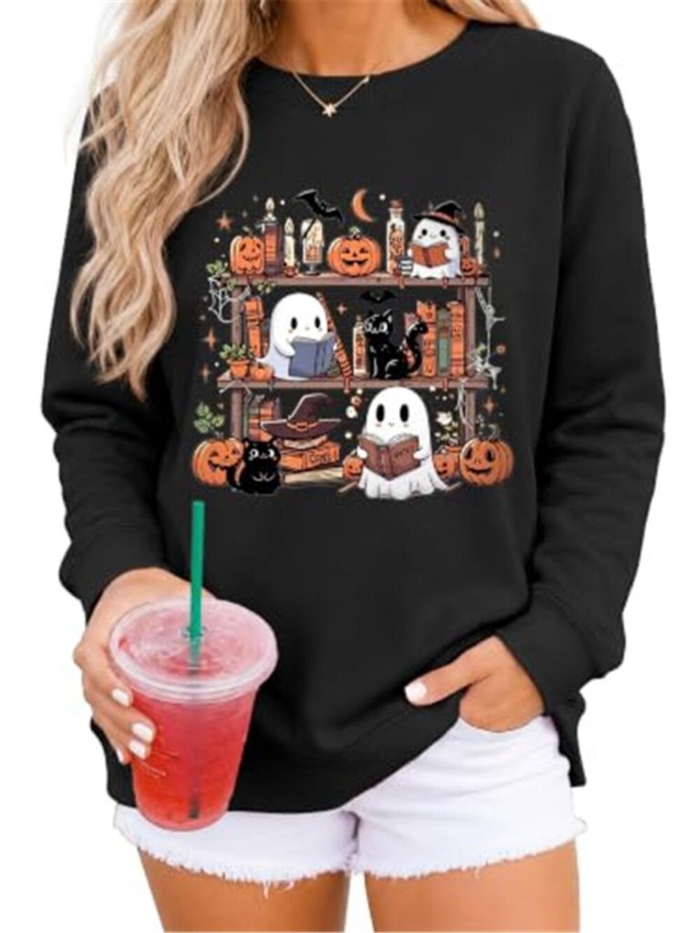 Black Halloween Sweatshirt Reading Ghosts Cats Pumpkins Spooky Books Pullover